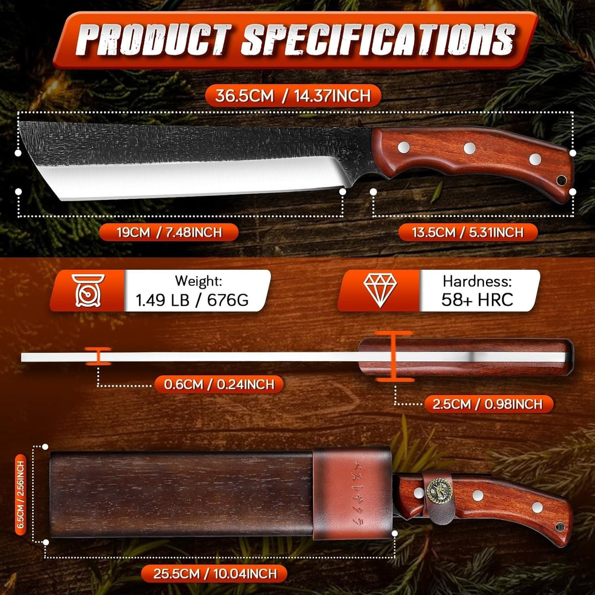 Heavy Duty Outdoor Full Tang Knife 14.4 In High Carbon Steel 58+ HRC Wood Handle with Wooden Sheath for Gardening Camping Bushcraft & Yard Work – Gift for Outdoor Men & Women