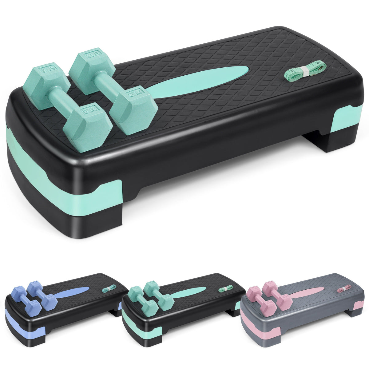 Aerobic Step Platform Set with 2lb Dumbbells & Measuring Tape – Adjustable Height Non-Slip Exercise Stepper, 550lb Capacity for Home Gym Cardio Workout, Pink Green Blue