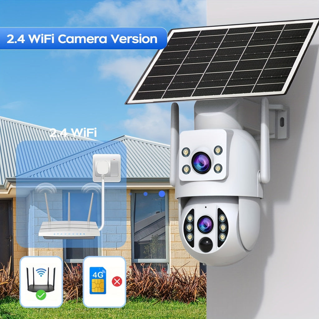 Solar Security Camera Outdoor 360° PTZ 1296P HD Dual Lens Color Night Vision Two-Way Audio Motion Detection WiFi SD Storage Rechargeable Battery Wall Mount