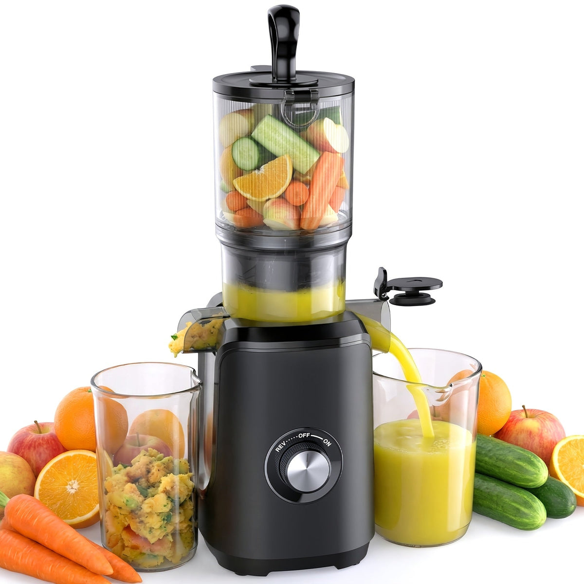Cold Press Masticating Juicer 200W – Slow Juice Extractor with Reverse Function & Easy-Clean Blade-Free Design for Fruits Vegetables Nut Milk