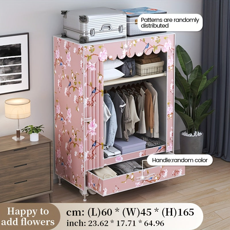 Freestanding Fabric Wardrobe with Curtain Sliding Door – 3 Hanging Rods & Rail Portable Closet Storage Organizer for Bedroom Study in Gray Jacquard & Magpie