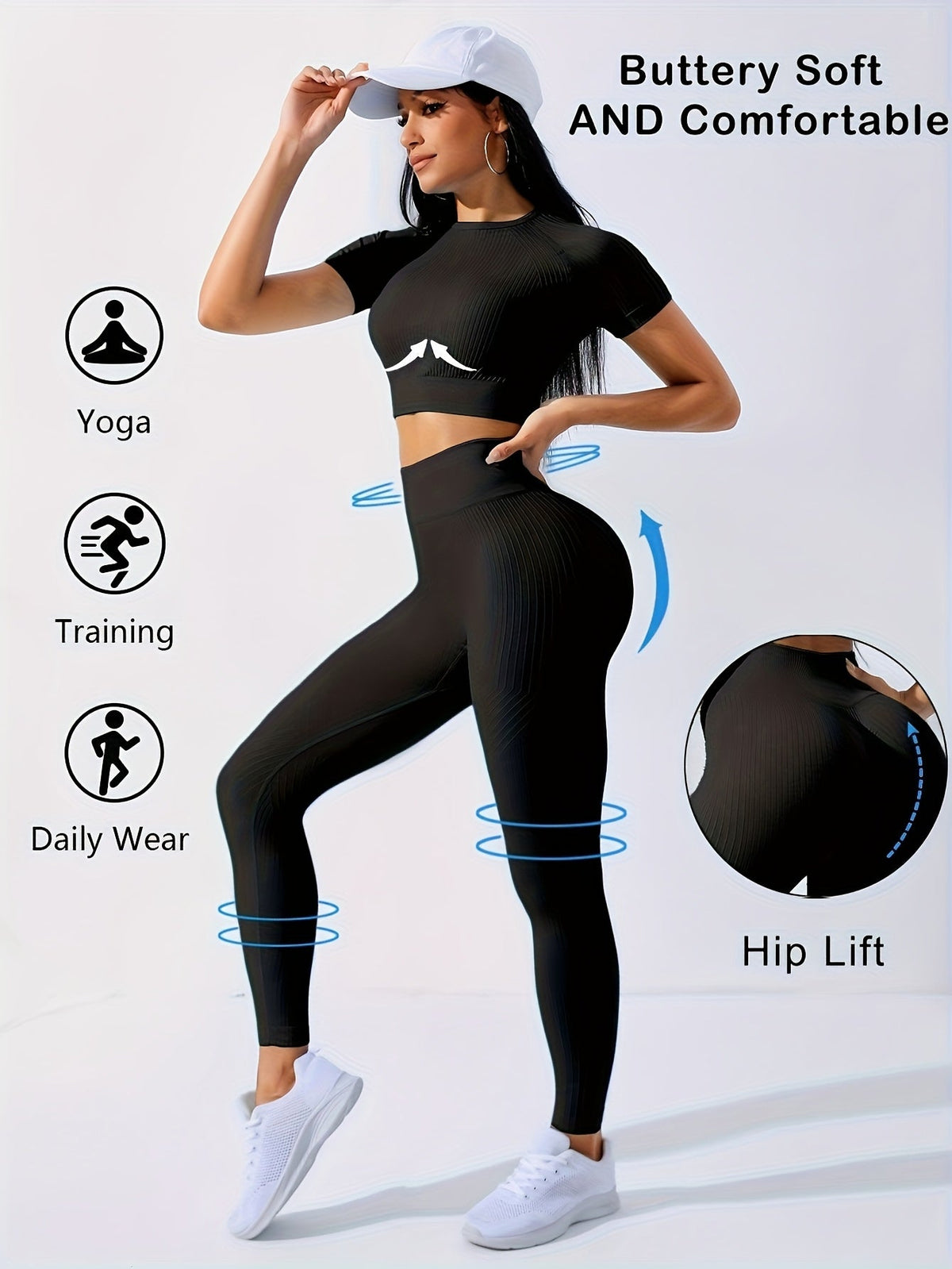 Women's 2-Piece Workout Set - Yoga Crop Top & High-Waisted Leggings, Crew Neck Medium-Stretch Solid Color All-Season Activewear for Gym Fitness Pilates Running, Sizes XS-XL