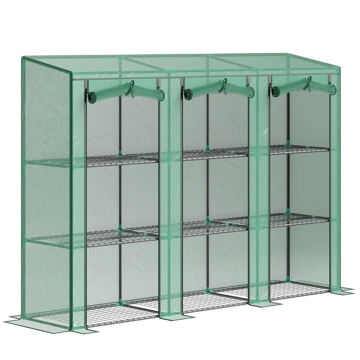 Lean-To Mini Greenhouse, 84.6"x18.1"x56.7", 3-Tier 9 Wire Shelves, 140GSM UV-Resistant PE Cover, 85% Light Transmission, 3 Roll-Up Zip Doors, Powder-Coated Steel Frame, Indoor Outdoor, Green