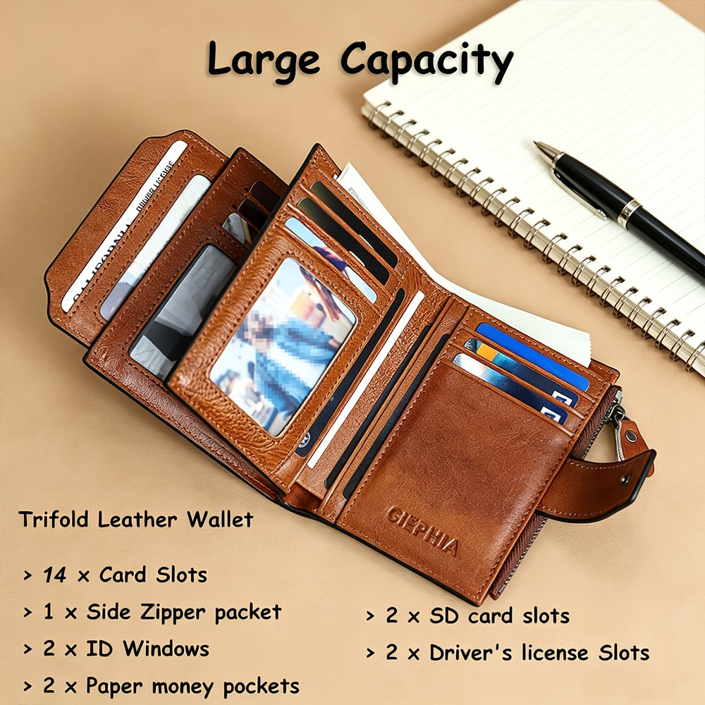 CIEPHIA Men's Vintage RFID Blocking Wallet - Genuine Leather, Zipper Coin Pocket, 14 Card Slots, 2 ID Windows, SD/SIM Slot - Bifold & Trifold - Tan, Black, Coffee & Oil Wax Leather - Gift Set with Greeting Card