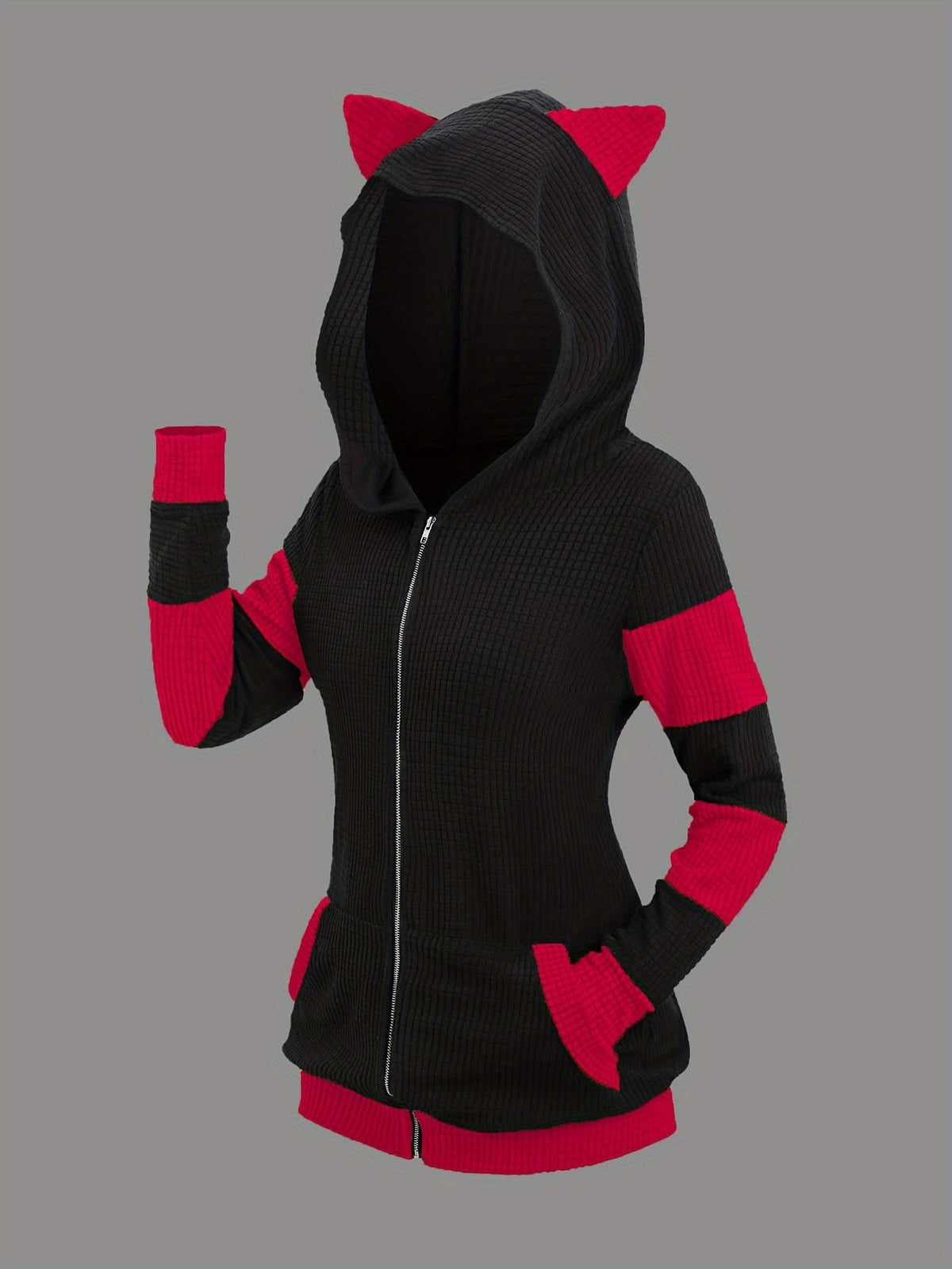 Women's Cat Ear Hooded Sweatshirt Jacket, Color Block Mid-Length Zip-Up Hoodie, Fall/Winter Thickened Warm Casual Outerwear, S-XXL