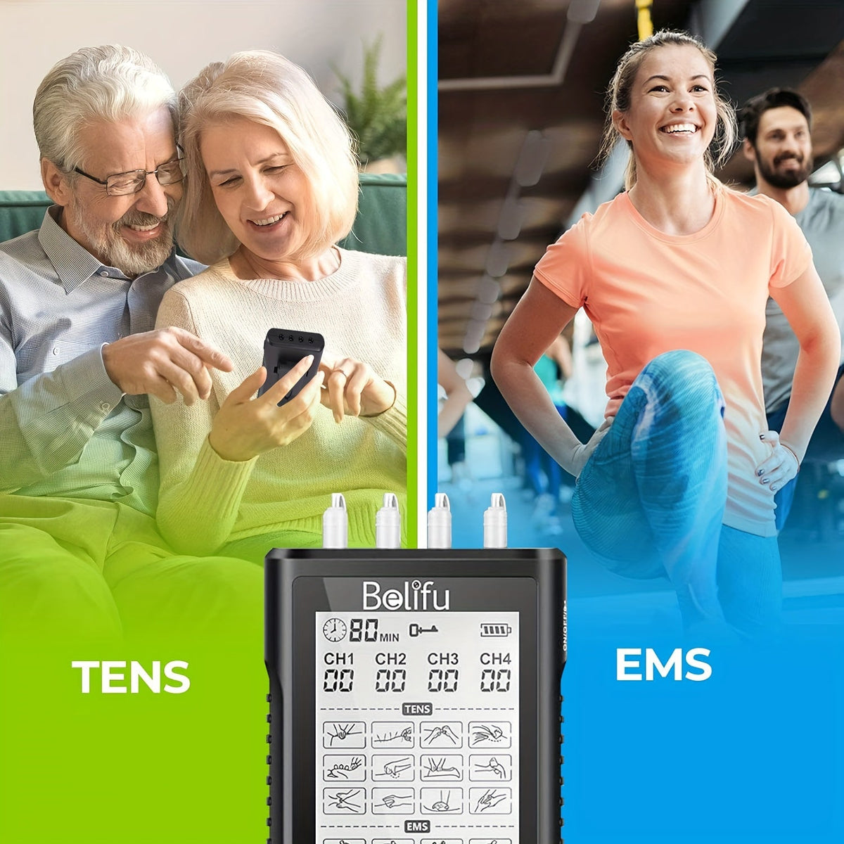 Belifu TENS EMS Muscle Stimulator with 4 Independent Channels - 24 Modes, 30 Intensity Levels, Rechargeable Electric Pulse Massager for Pain Relief - Black & Silver