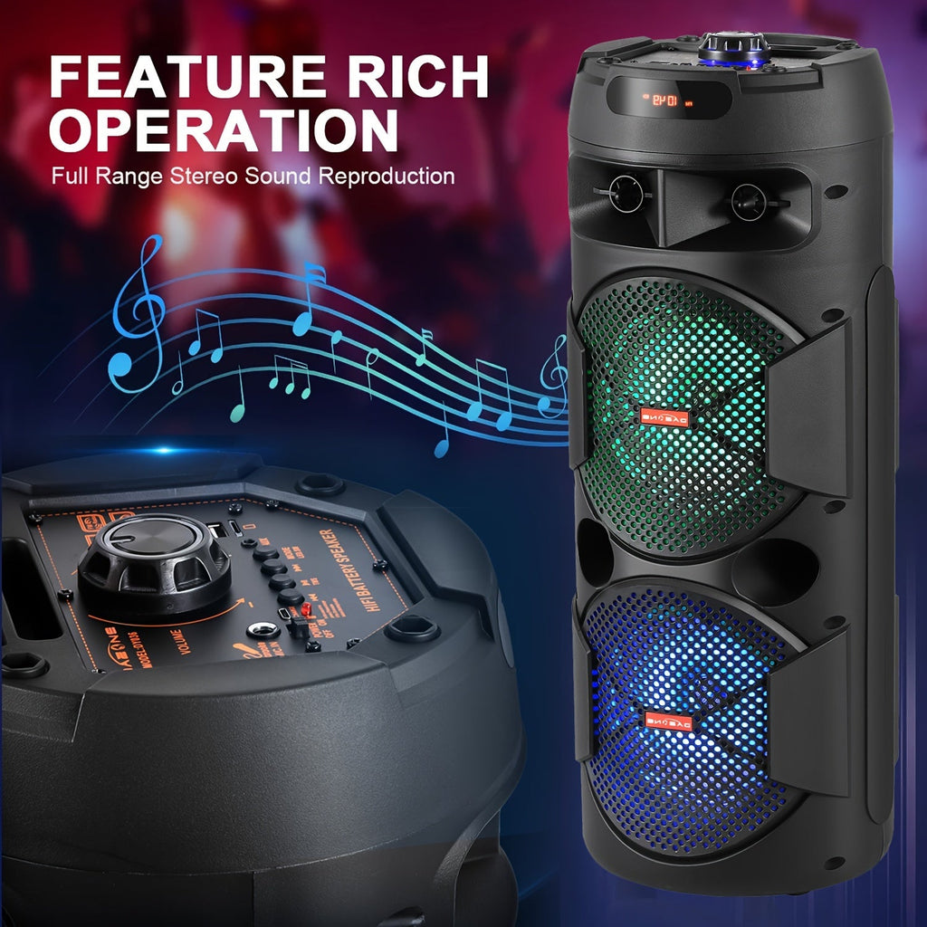 Portable Bluetooth PA Speaker with Dual 8" Woofers, Karaoke System with Wired Microphone & Remote Control, Rechargeable Battery, MP3/USB/SD/AUX/FM, LED Battery Indicator, Heavy Bass Sound