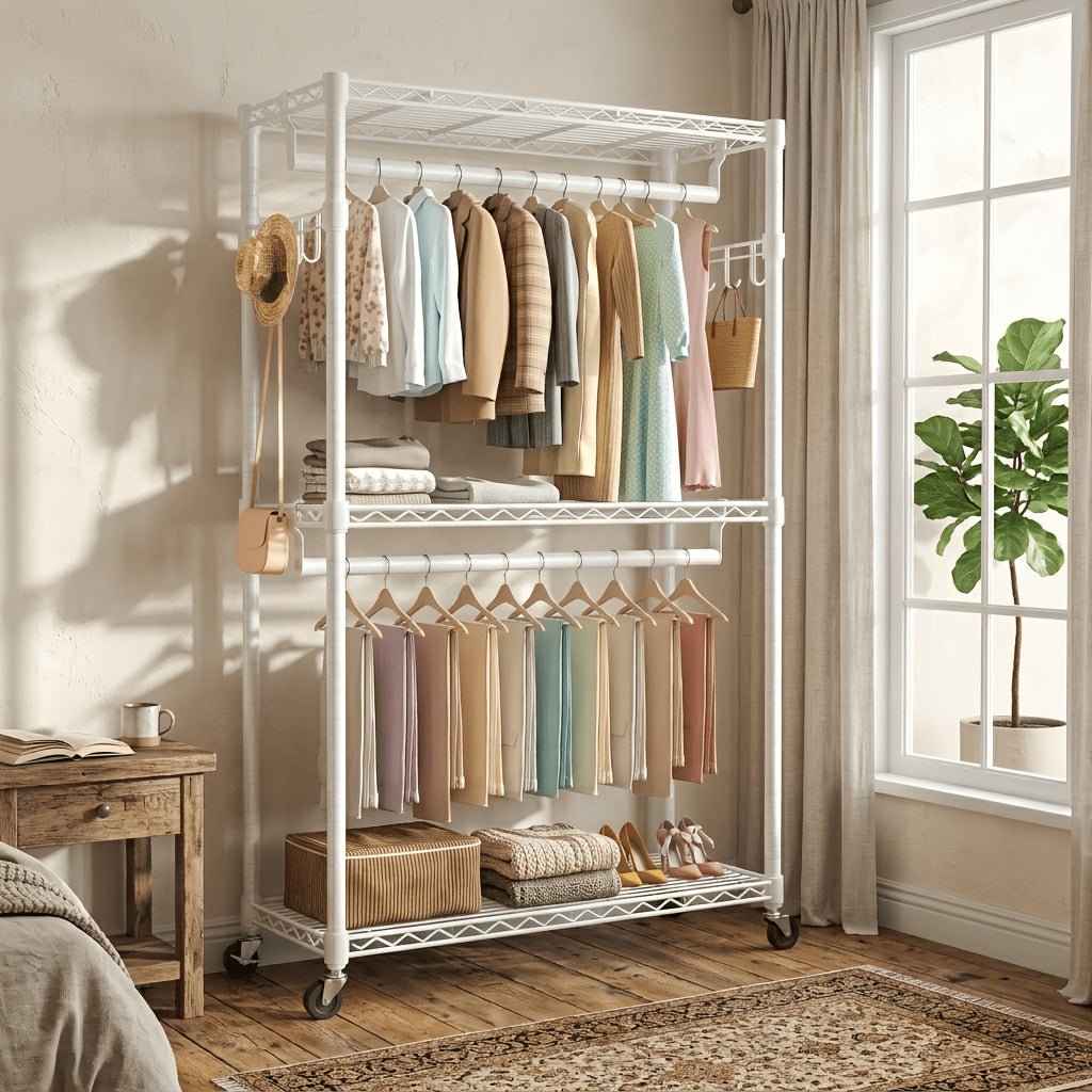 Heavy Duty Rolling Clothes Rack Adjustable Double Rods – Metal Freestanding Closet Organizer with Wheels & Side Hooks for Hanging Clothes