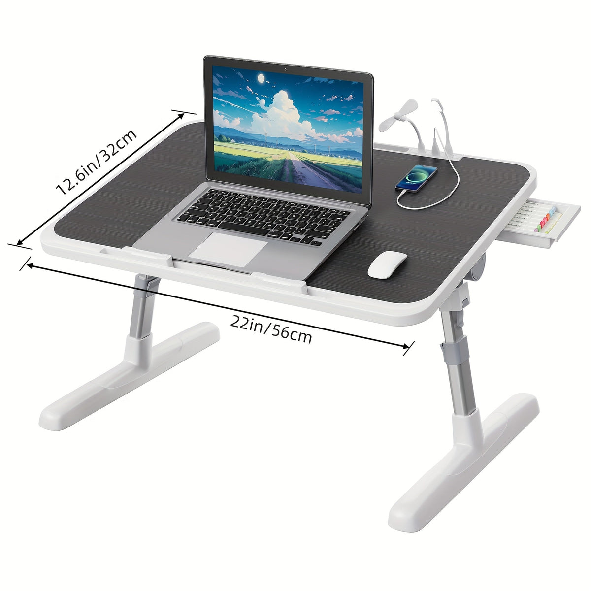 Lap Desk Bed Tray Table with USB Light, Fan & Drawer – Adjustable Portable Laptop Stand for Bed, Couch, Sofa; Laptop Desk for Reading, Writing, Eating – 10 Colors & Sizes
