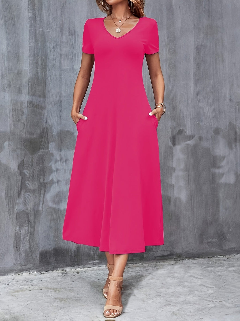 V-Neck A-Line Dress with Pockets, Women's Short Sleeve Casual Solid Color Knit Stretch, Machine Washable, Blue, Black, Navy, Burgundy, Olive, Dark Green, S, M, L, XL, XXL