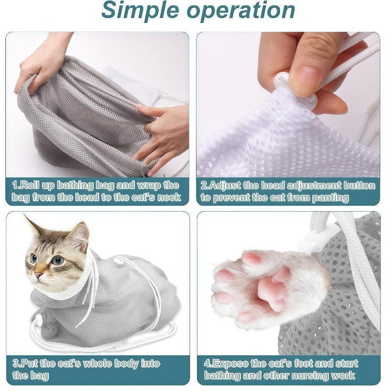 Adjustable Breathable Mesh Cat Grooming Bag - Multi-Functional Cat Shower Bag for Bathing, Nail Trimming, Ear Cleaning, Injections & Vet Visits, Durable Cat Bathing Bag for Kittens & Cats