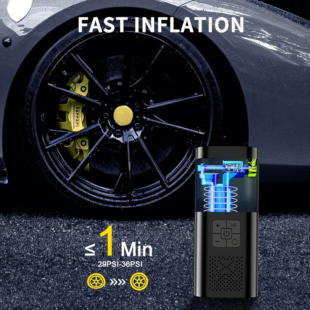 便携式充气泵 150PSI 无线空气压缩机 | 6000mAh 电池，3倍快速充气，LCD 压力表，自动关机，LED 灯，USB-C – 适用于汽车、摩托车、自行车及球类