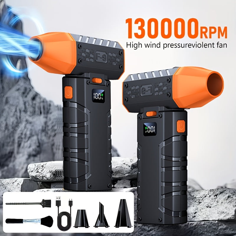 130,000 RPM Turbo Fan Blower with USB-C Fast Charging, Smart Display & LED Light – 100 Wind Speed Settings for Car Cleaning, Dust Removal, Leaf Blowing, BBQ & Cooling – Black & Orange