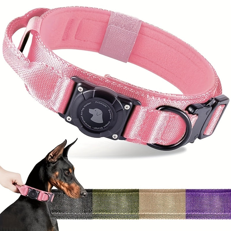 Tactical Dog Collar with AirTag Holder & Handle – Heavy-Duty PC Nylon, Adjustable M/L/XL for Medium to Large Dogs, Military-Style Training Collar with Control Handle