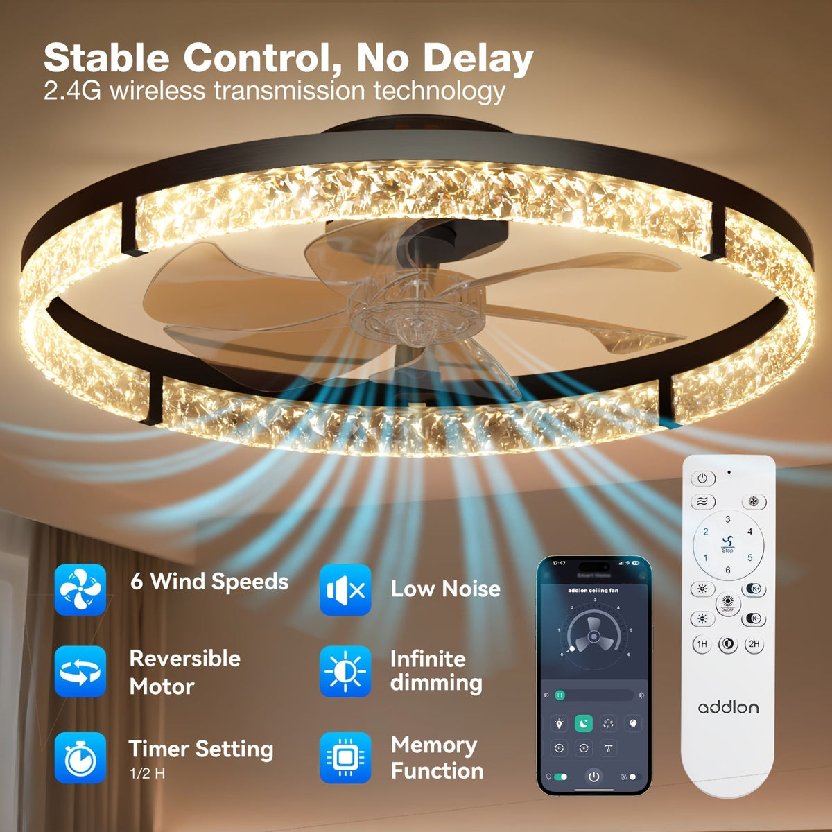 24" Ceiling Fan with Light & Remote – Low Profile Flush Mount 3CCT Dimmable LED 6-Speed Quiet Reversible Motor Modern Fandelier for Bedroom Kitchen Living Room in Black & White
