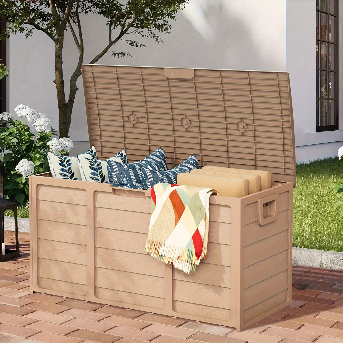 75-Gallon Resin Outdoor Storage Deck Box with Handles for Pool Accessories, Garden Tools, and Camping Gear
