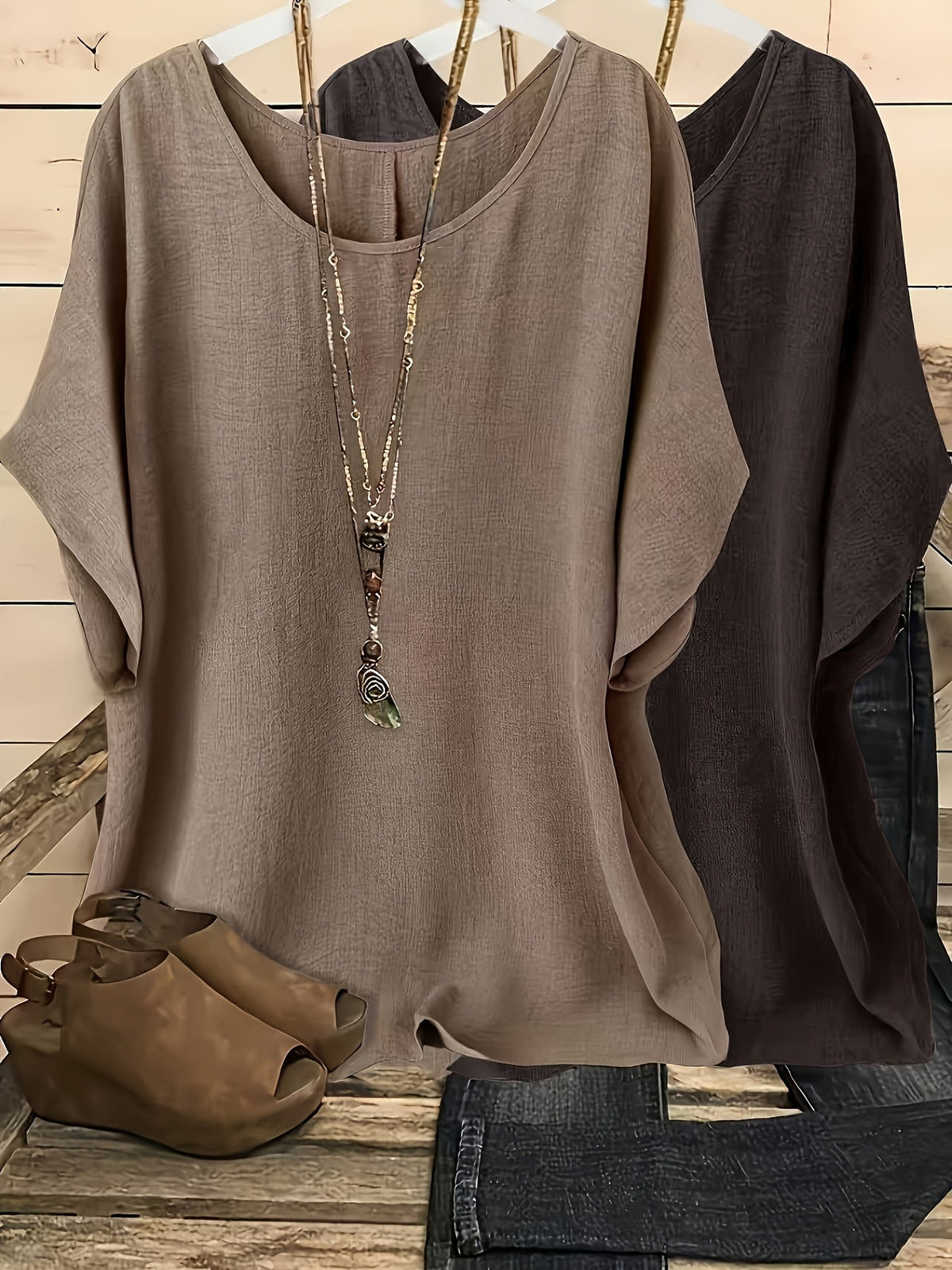 Women's Batwing Sleeve Shirt 2-Piece Set, Casual Vacation Round Neck Solid Color Loose Top, S-XXL, Multiple Colors | US Warehouse Fast Shipping