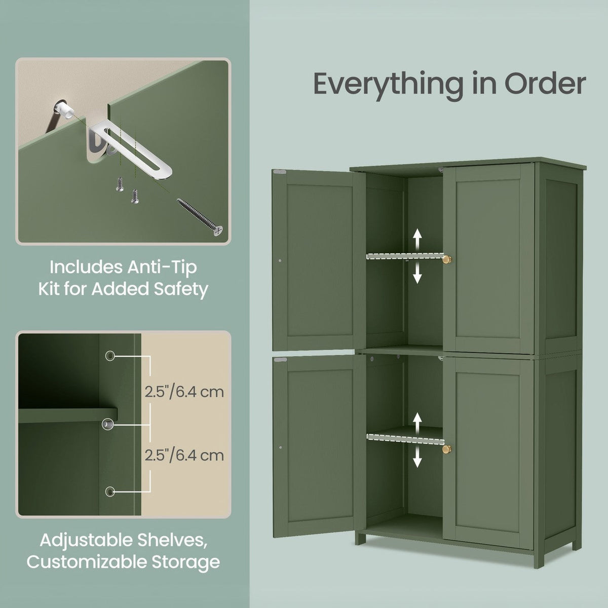 Shaker Style Floor Cabinet with 4 Doors & 2 Adjustable Shelves – Tall Freestanding Storage Organizer for Kitchen, Bathroom & Living Room, Spacious Cupboard Unit in Green White Blue – Nova Mart