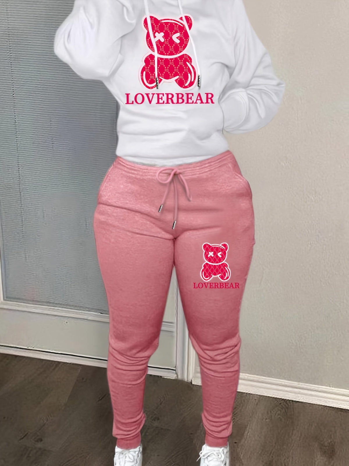 Cartoon Bear Print Two-piece Set Hoodie & Jogger Pants Women's Tracksuit Drawstring Long Sleeve Sweatsuit Outfit S-XXL Multiple Colors