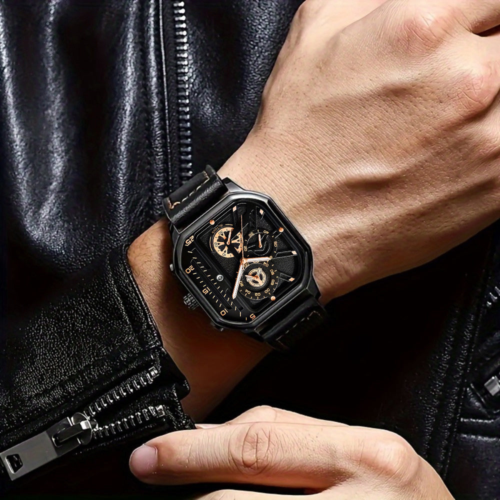 2pcs Men's Watch Set: Sports Triangle Dial Silicone Strap and Retro Square Dial Quartz Watch with Date Display, Casual Dress Watches for Valentine's Day or Father's Day Gift