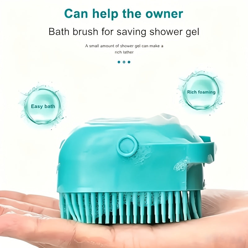Pet Grooming Bath Brush with Built-In Shampoo Dispenser, Dog and Cat Massage Brush, De-shedding Scrubber, Ergonomic Handle, Soft Silicone Bristles for Bathing Dogs and Cats, Blue