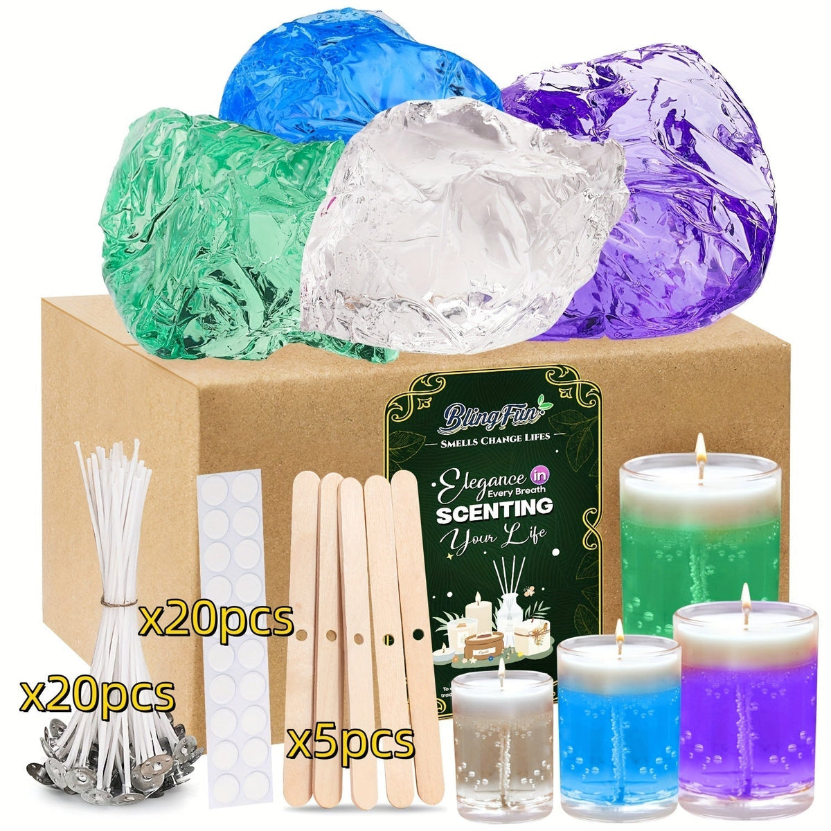 BlingFun Gel Candle Making Kit 400g Clear Jelly Wax, 4 Colors, 20pcs Wicks, 20pcs Stickers, 5pcs Wick Holders, DIY Scented Candle Kit for Home Decor, Craft Projects, and Beginner Candle Supplies