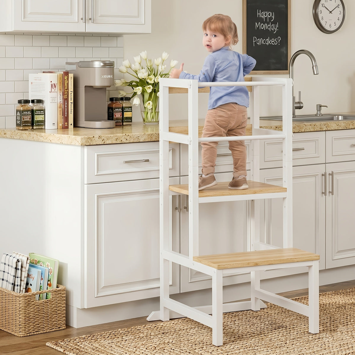 Adjustable Toddler Learning Tower Step Stool with Safety Rail Wooden & Steel Height Adjustable Kitchen Helper for Kids – Brown Black Wood & White