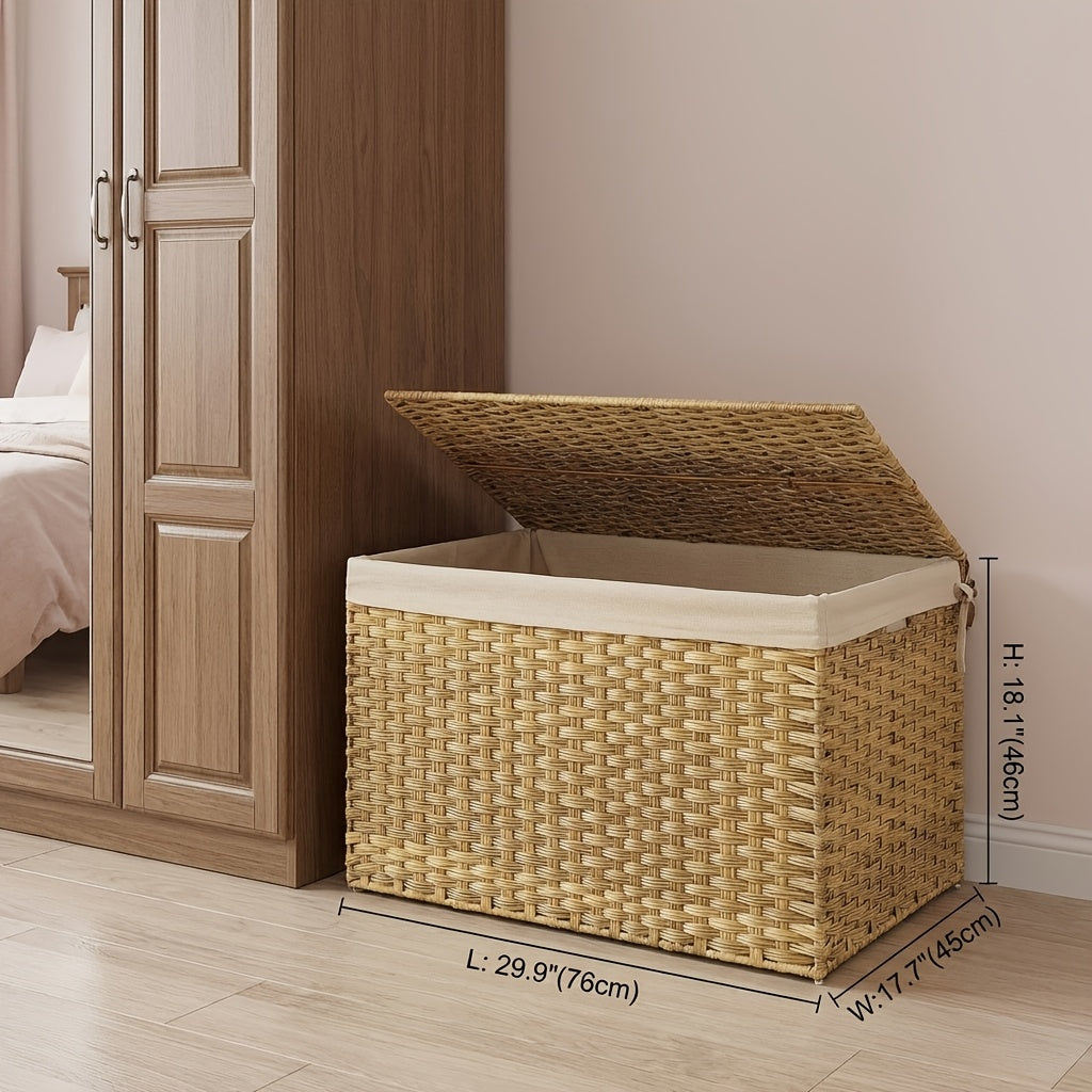 Large Foldable Storage Basket with Lid & Handles Removable Liner Metal Frame for Blankets Laundry Bedroom – 9.25 / 17.2 / 42.3 Gal – Natural Brown & Gray