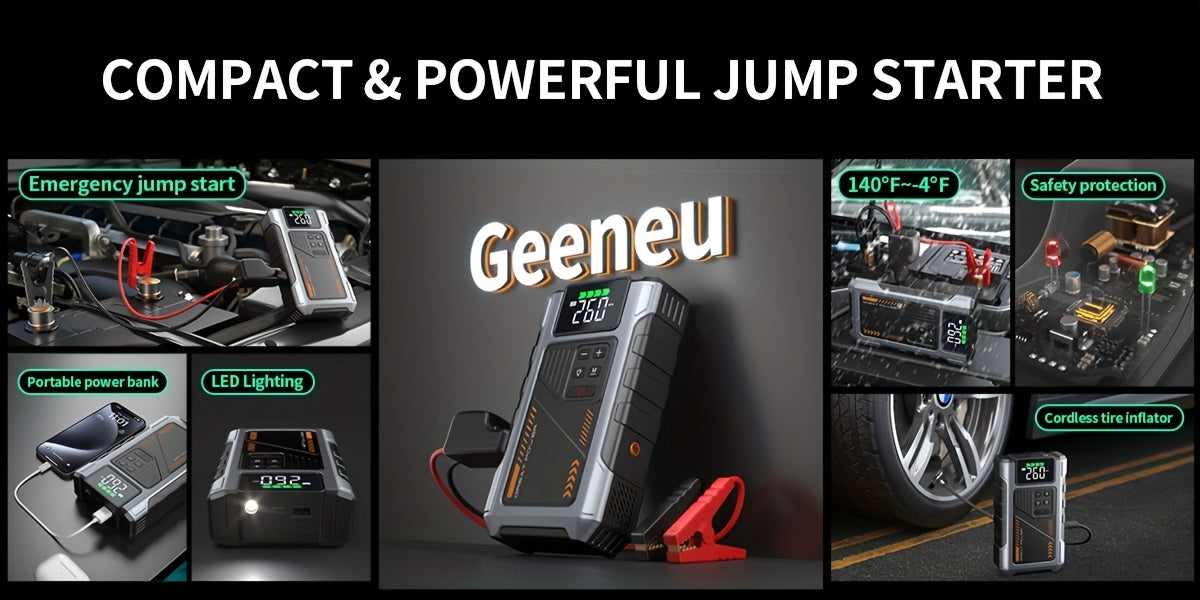 9-in-1 Portable Jump Starter with Air Compressor for 12V Vehicles (Up to 8.0L Gas / 6.5L Diesel) – Battery Booster Pack with Tire Inflator, USB Power Bank, LED Emergency Light & Roadside Kit