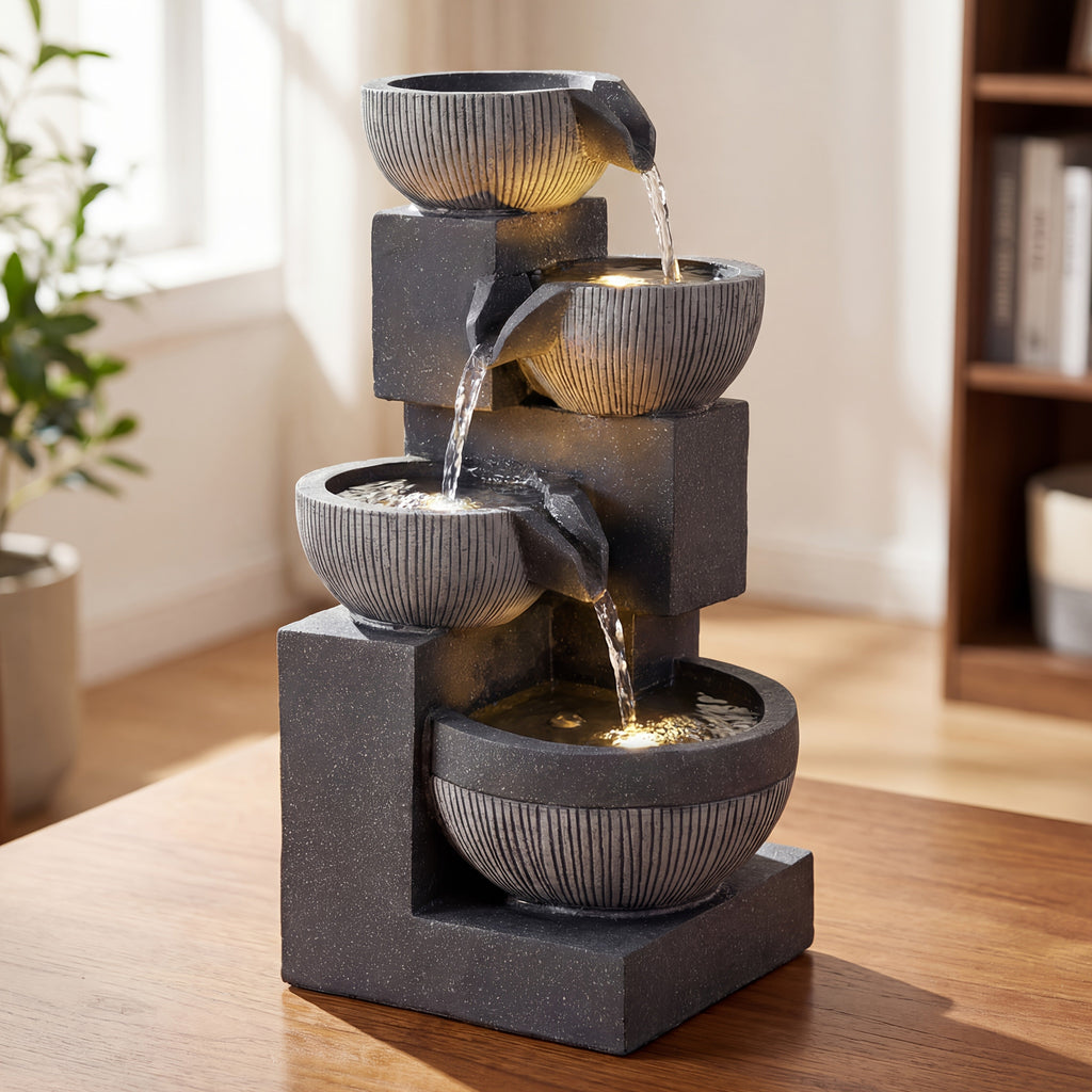 Indoor Water Fountain 4-Tier 18.7" – Cascading Bowl Waterfall with LED Lights & Silent Pump Floor Standing Tabletop Fountain for Home Office Living Room Meditation in Gray