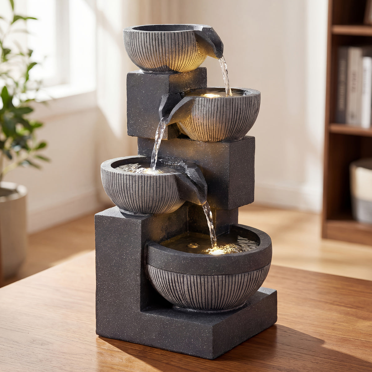Indoor Water Fountain 4-Tier 18.7" – Cascading Bowl Waterfall with LED Lights & Silent Pump Floor Standing Tabletop Fountain for Home Office Living Room Meditation in Gray