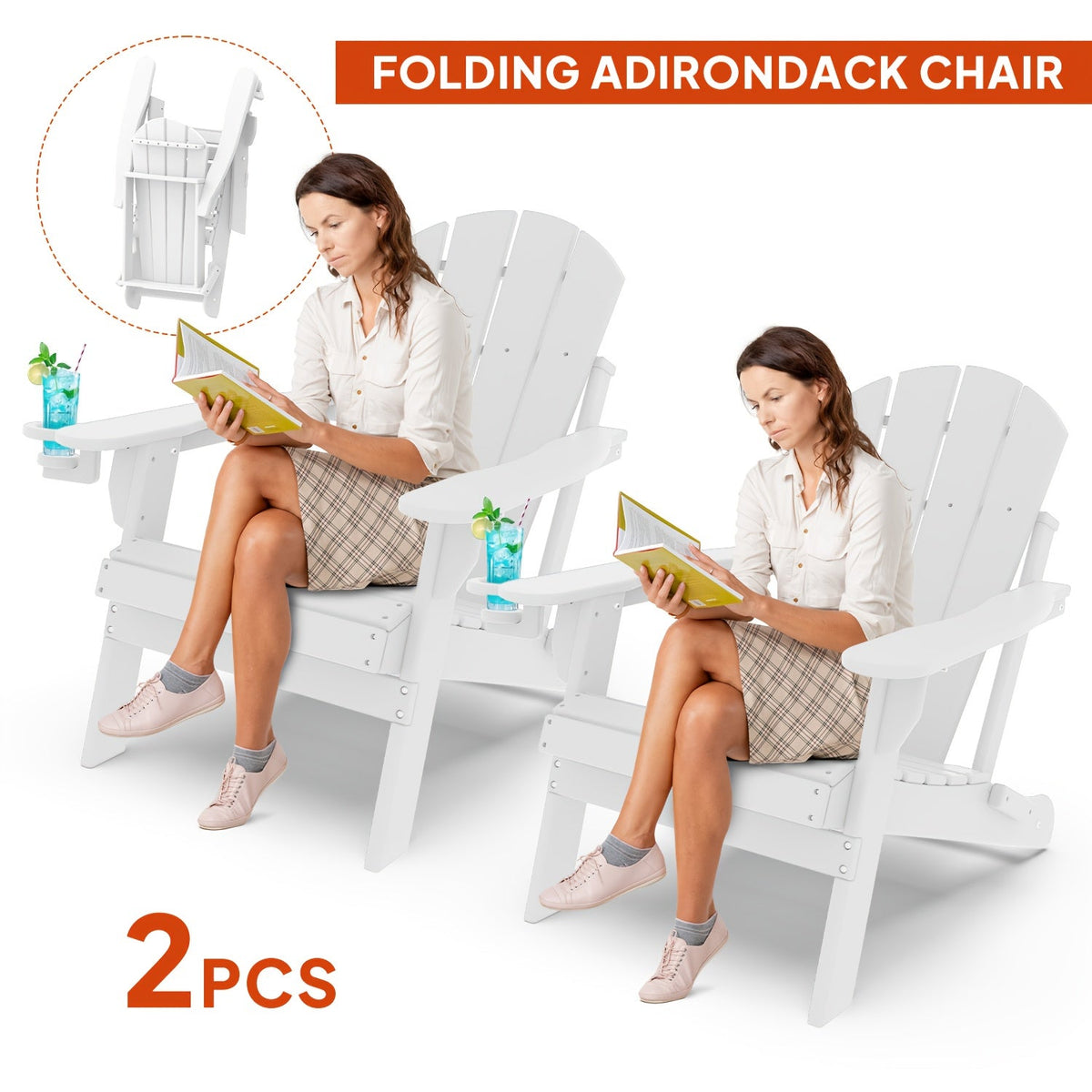 Folding Adirondack Chair with Cup Holder Portable Recliner Stainless Steel Frame Durable Plastic Easy Clean for Patio Poolside Garden Camping Set of 1 2 4 6