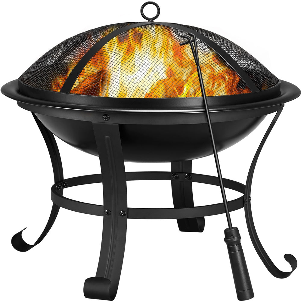 Outdoor Round Steel Fire Pit with Mesh Screen Cover, Fire Poker & Log Grate, Heat-Resistant, Portable, for Patio Yard Porch Camping Bonfire BBQ, Black