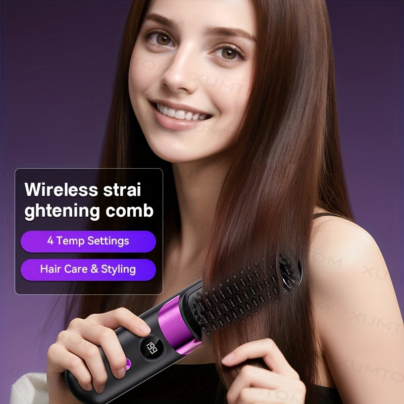 2-in-1 Hair Straightening Comb & Curling Iron - 4-Speed Temperature Control, Fast Heating, LED Display, USB Charging - Standard & Upgraded Versions - Black & Beige