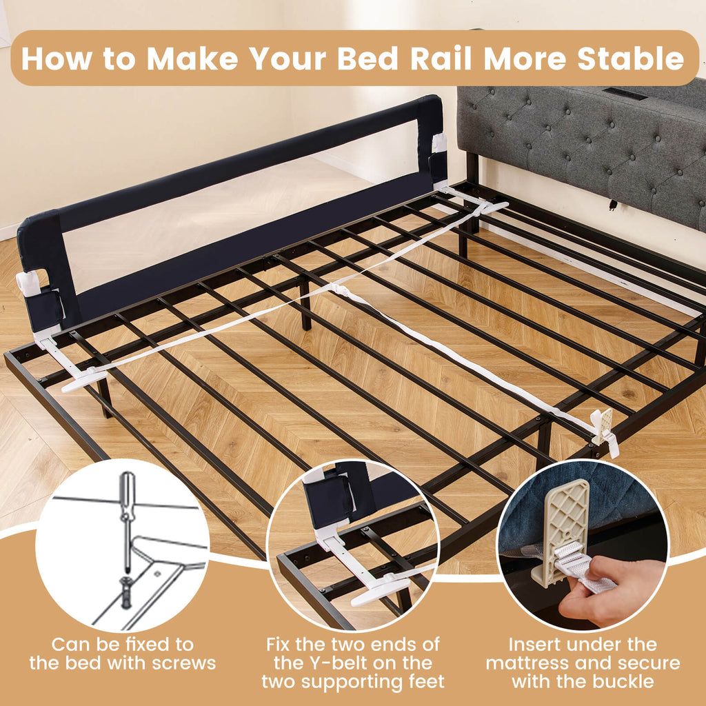 71" Toddler Foldable Bed Rail Guard – Adjustable Safety Strap Mesh Window PP Cotton Padding T-Leg Stability for Twin Full Queen & King Mattresses in Blue