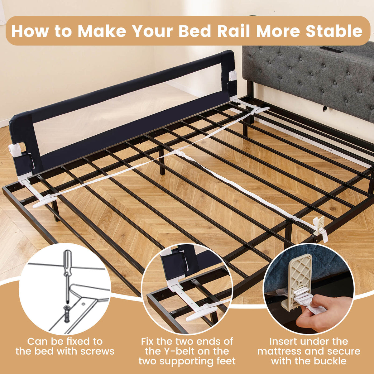 71" Toddler Foldable Bed Rail Guard – Adjustable Safety Strap Mesh Window PP Cotton Padding T-Leg Stability for Twin Full Queen & King Mattresses in Blue