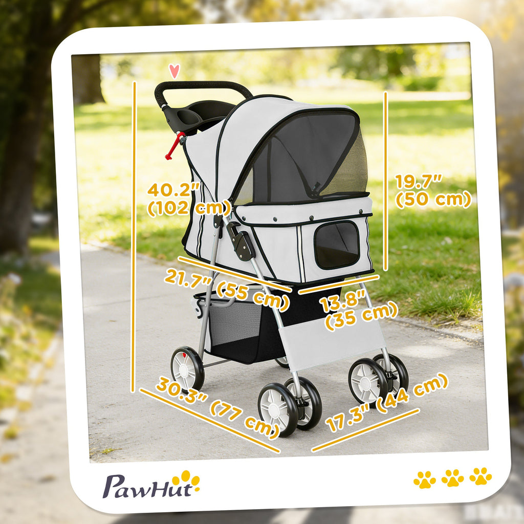 Foldable Pet Stroller for Dogs & Cats up to 22 lbs, 4-Wheel with Brake, Panoramic Mesh Windows, Reflective Strips, Removable Washable Cushion, Cup Holder & Storage Basket, Grey
