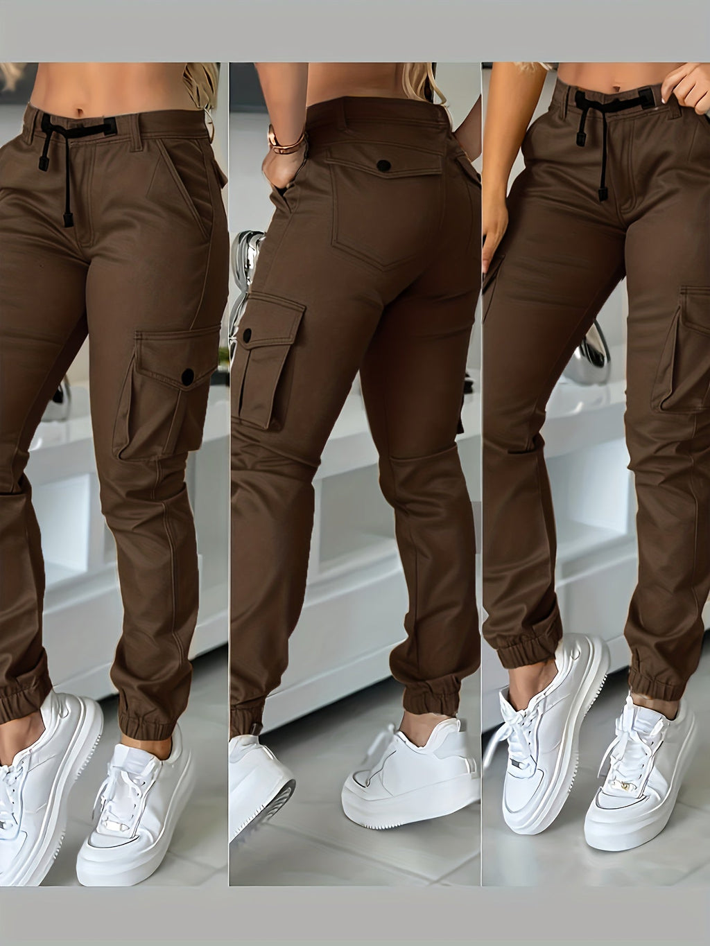 Women's High-Waist Cargo Joggers Ankle-Length Pants with Drawstring and Pockets, Slim-Fit Casual Trousers for Spring and Autumn, Black/Khaki/Grey, XS-XL