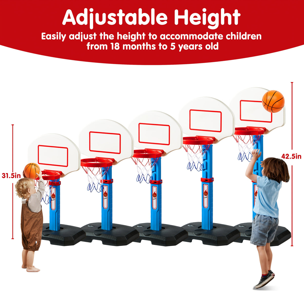Kids Basketball Arcade Game Set Adjustable Height 2.5–3.5 Ft 4 Balls Air Pump & Backboard Indoor & Outdoor Safe for Toddlers – Pink & Blue Birthday Christmas Gift