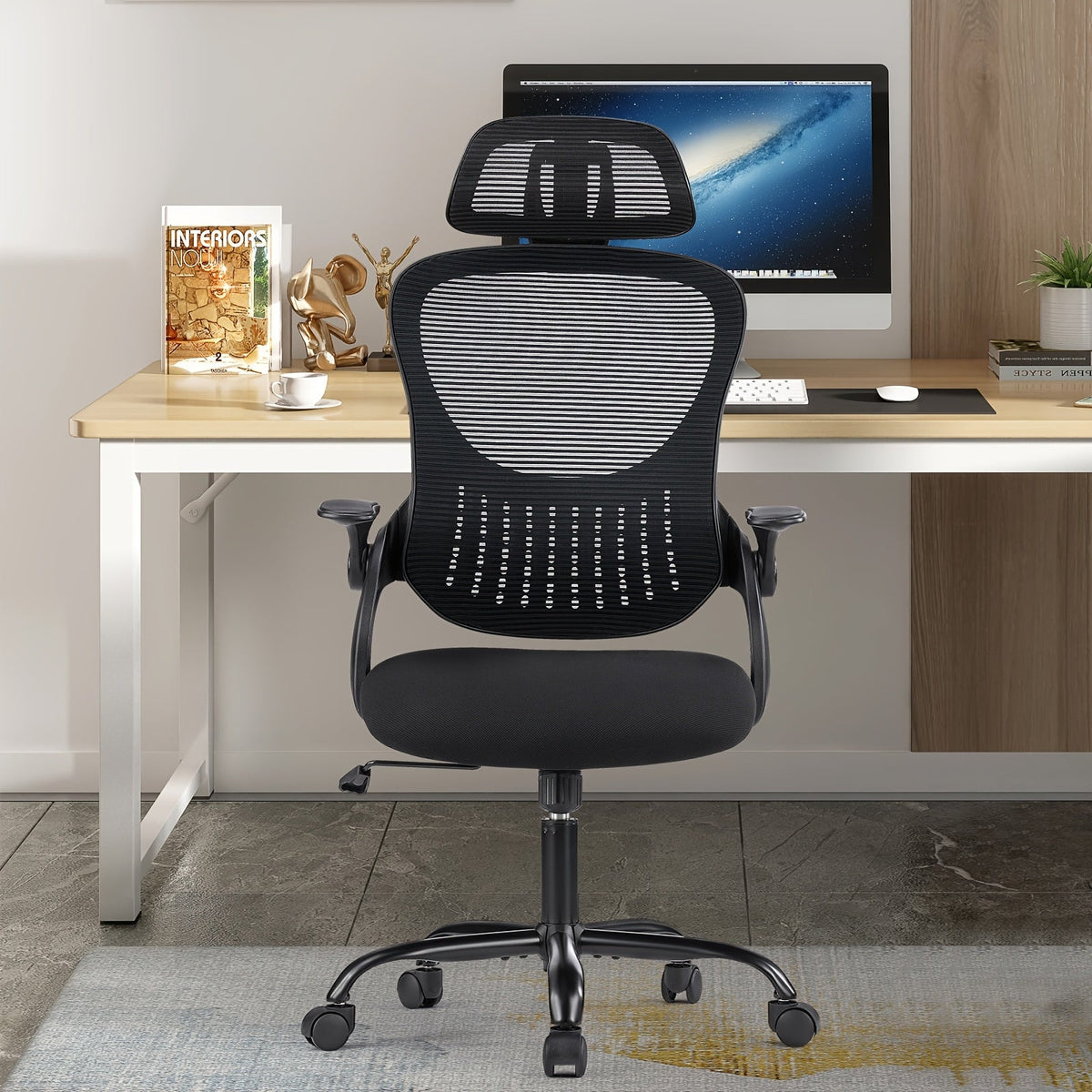 Ergonomic High-Back Mesh Office Chair with Flip-Up Arms, Adjustable Headrest, Lumbar Support & Wheels - Rolling Computer Desk Chair for Home Office, Bedroom, Study (Pink, Grey, Black)
