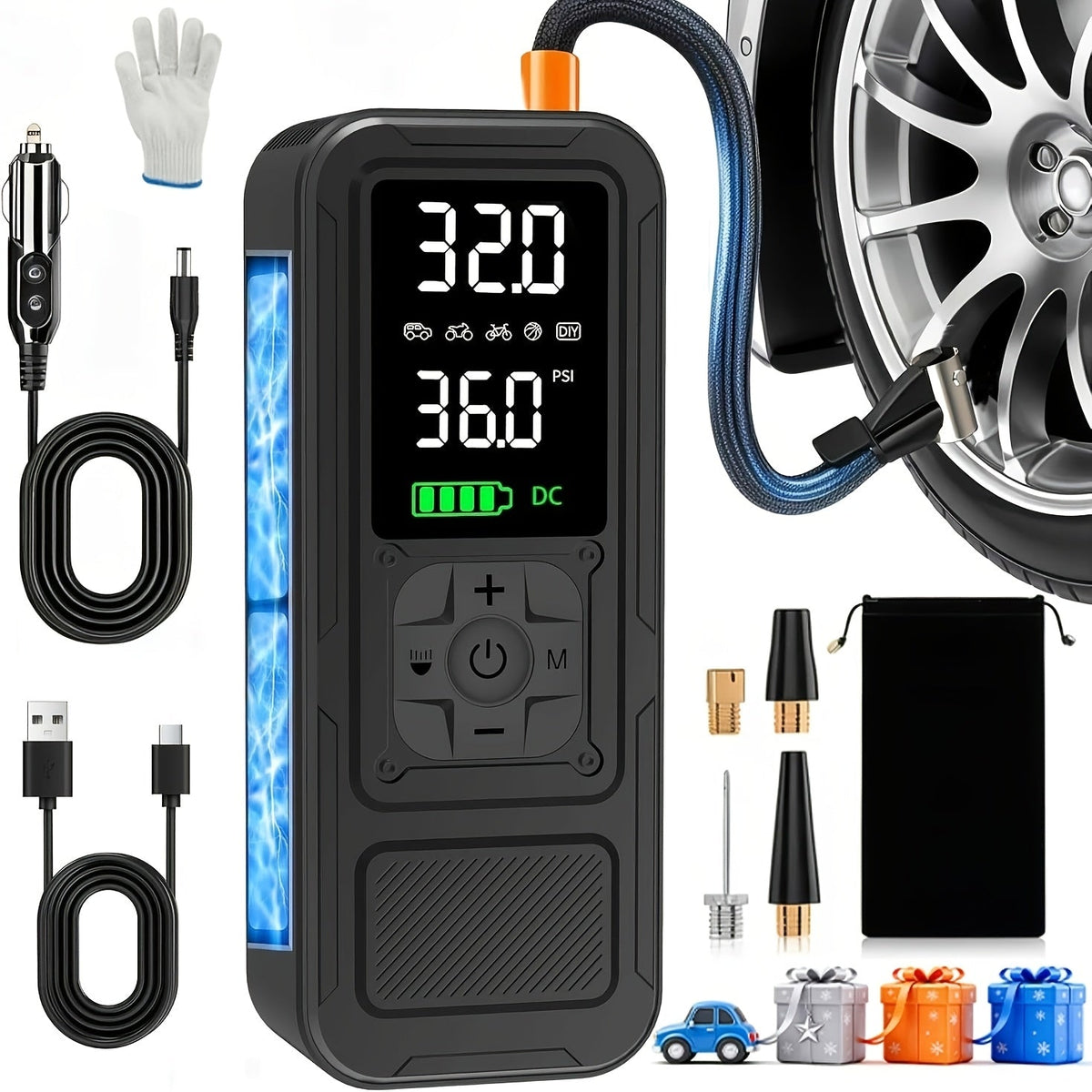 Portable Cordless Tire Inflator, 160PSI Air Compressor with Digital Pressure Gauge and LED Light, 8X Faster Inflation for Cars, Motorcycles, Bikes, and Balls - Rechargeable Electric Air Pump