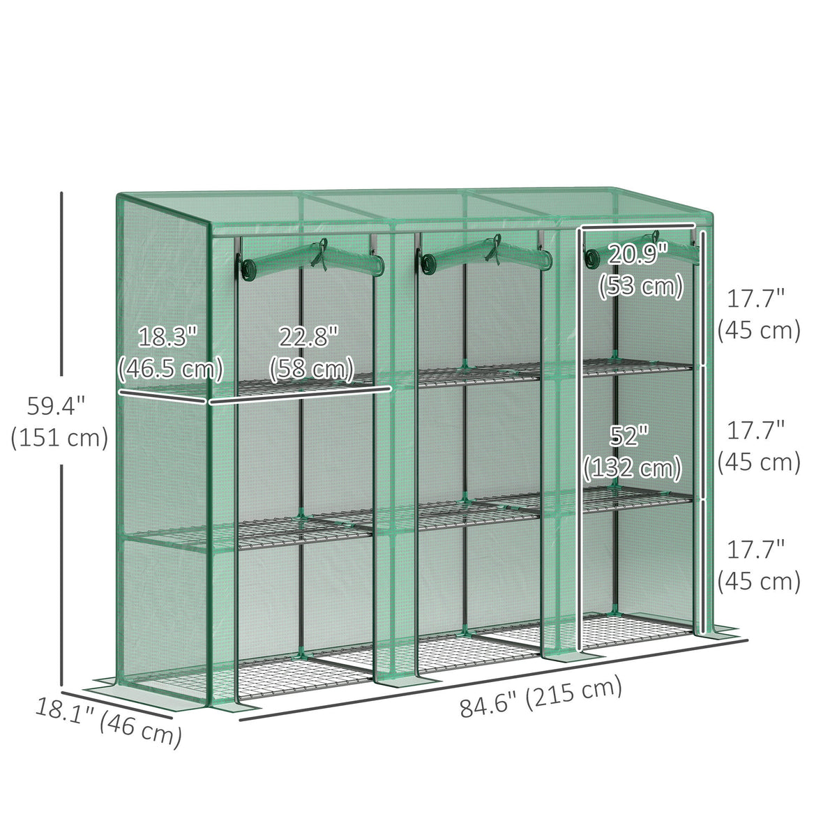 Lean-To Mini Greenhouse, 84.6"x18.1"x56.7", 3-Tier 9 Wire Shelves, 140GSM UV-Resistant PE Cover, 85% Light Transmission, 3 Roll-Up Zip Doors, Powder-Coated Steel Frame, Indoor Outdoor, Green