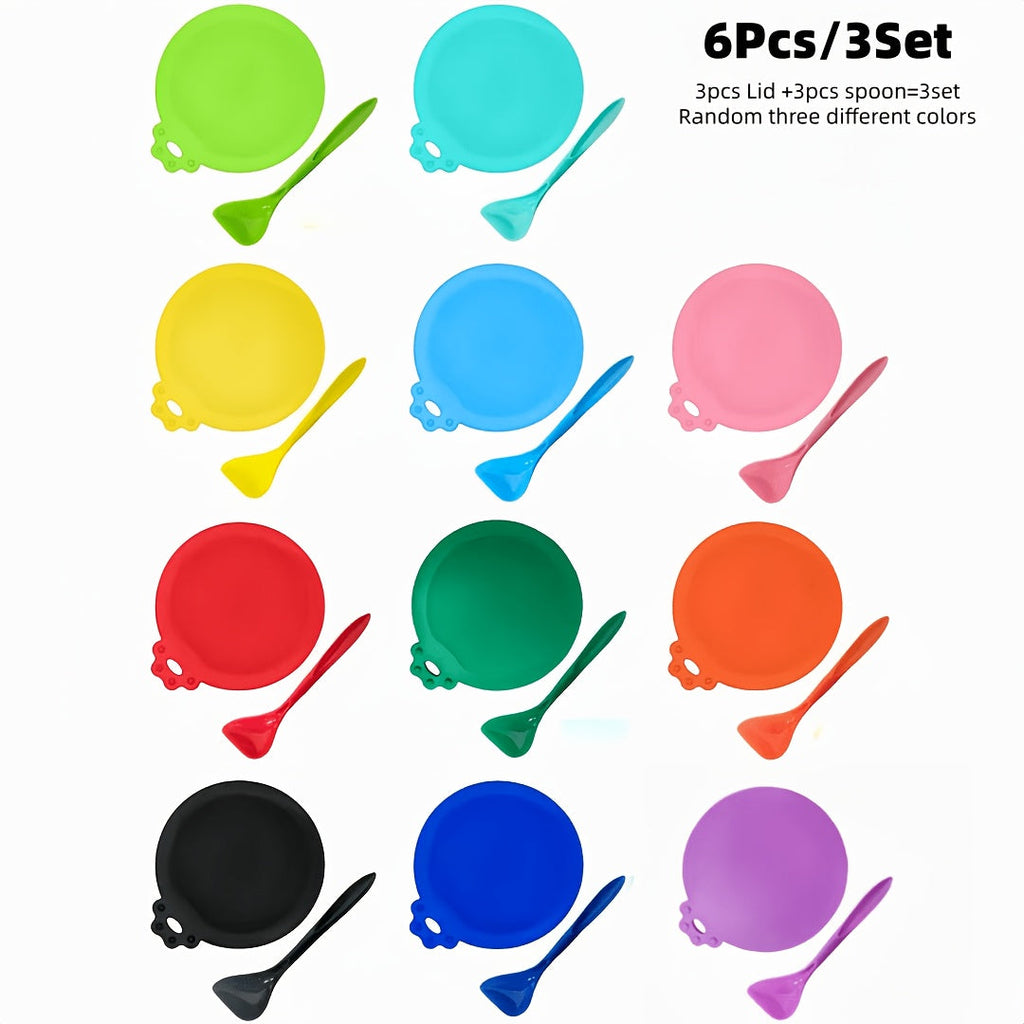 6-Piece Silicone Pet Food Can Lid and Spoon Set - Universal 3-Size Fit, Reusable Airtight Covers for Dog & Cat Wet Food, BPA-Free Feeding Spoon Combo, Random Colors