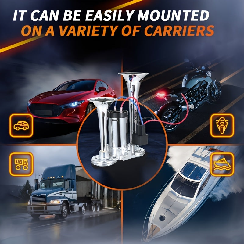 130dB Super Loud Dual-Tone Air Horn 12V/24V – Aluminum Alloy with Compressor, Quick Install for Trucks, SUVs, Motorcycles, Boats & Off-Road Vehicles