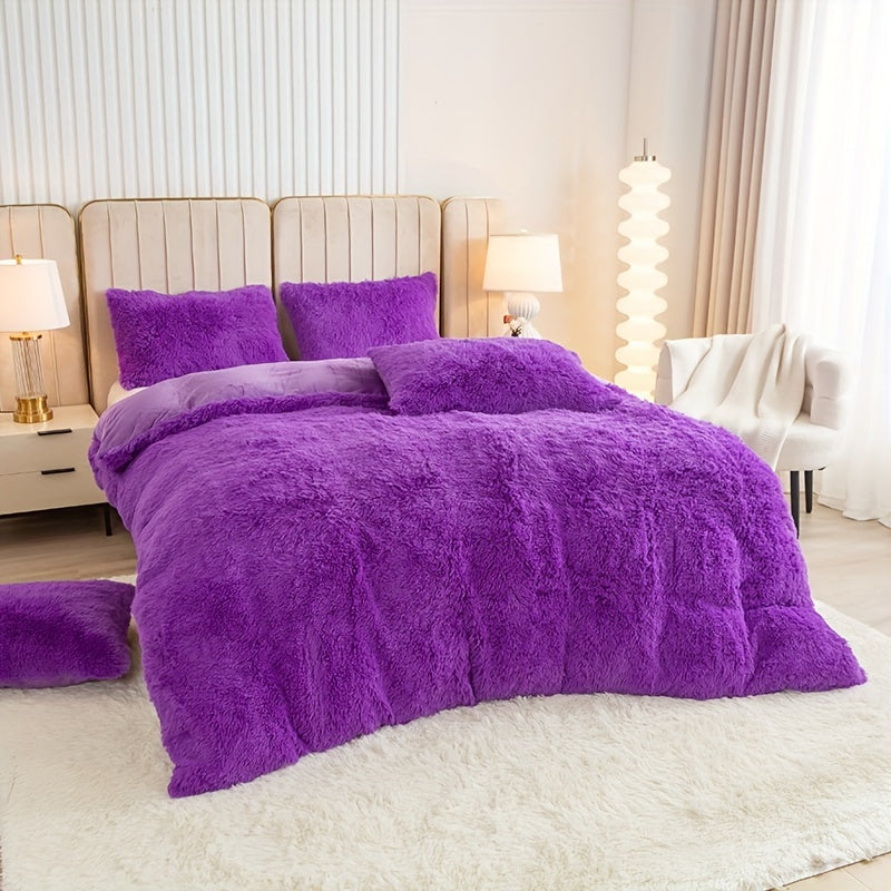 Plush Duvet Cover Set 3 Piece, Long Hair Knitted Polyester, Solid Color Fuzzy Comforter Cover with Zipper Closure, All-Season Soft Cozy Bedding Set for Bedroom, Multiple Colors Available