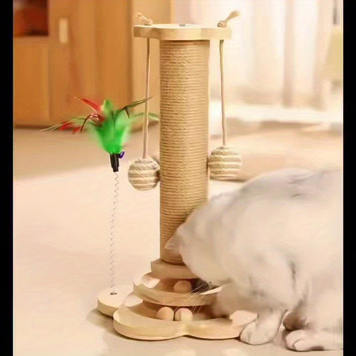 Multi-Level Cat Scratching Post Premium Sisal with 6 Wooden Toy Balls, 2 Hanging Balls, 2 Feather Teaser Toys, Non-Slip Base, Interactive Cat Tree for Indoor Cats and Kittens