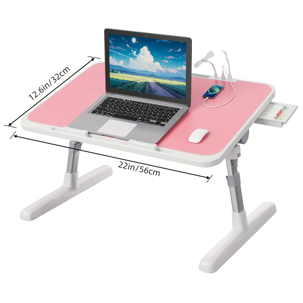 Lap Desk Bed Tray Table with USB Light, Fan & Drawer – Adjustable Portable Laptop Stand for Bed, Couch, Sofa; Laptop Desk for Reading, Writing, Eating – 10 Colors & Sizes