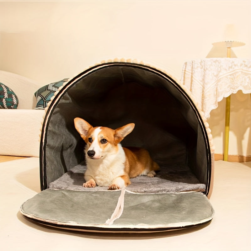 Foldable 2-in-1 All-Season Cave Dog Bed – Fully Enclosed Covered Pet House with Handle, Soft Fluffy Non-Slip Washable Nest for Large, Medium & Small Dogs and Cats – Free Drool Bib – Velora