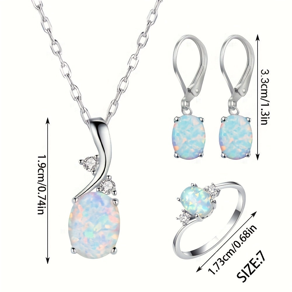 925 Sterling Silver Opal Teardrop 4-Piece Jewelry Set for Women – Elegant Boho Necklace, Earrings & Ring Set, Luxury Party Jewelry with Iridescent Opal Pendant, Sizes 7-9
