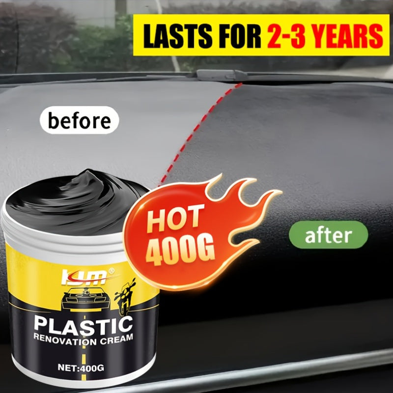 Car Plastic & Rubber Repair Cream All-in-One Trim Restorer Scratch Remover Tire Shine Wax, Anti-Cracking Anti-Aging Formula for Interior & Exterior Car Detailing, Includes Sponge